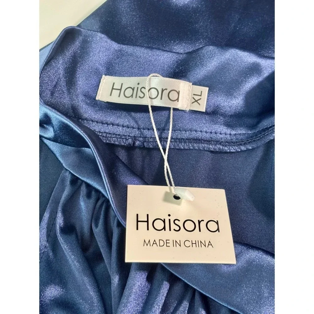 NWT Haisora Blue Satin Halter Neck Maxi Dress‎ Bow Tie Detail Sz XL Prom Formal